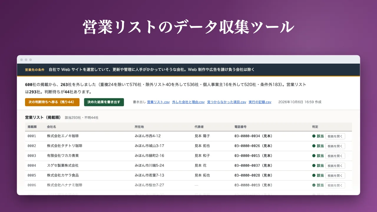 営業リストのデータ収集ツールの画面。一覧の600社から条件に合う会社だけを残した営業リストの表
