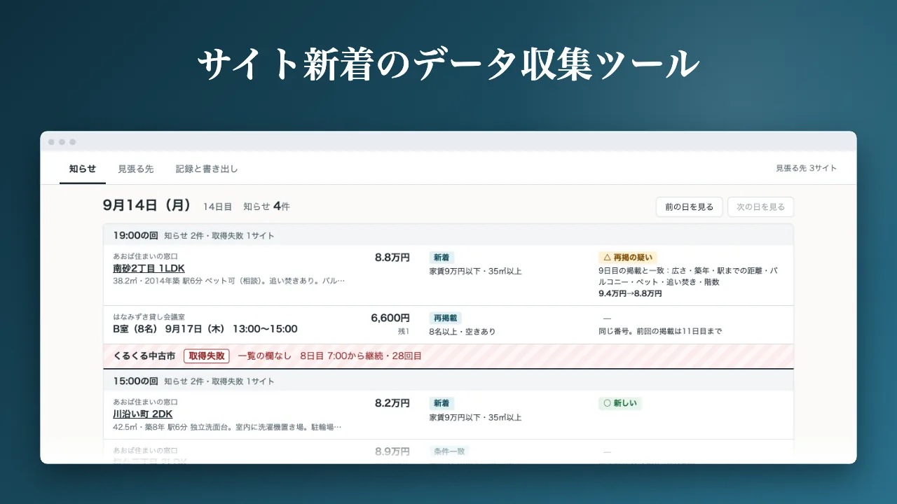 サイト新着のデータ収集ツールの画面。確認した時刻ごとの通知と、条件に合った新着の物件の一覧